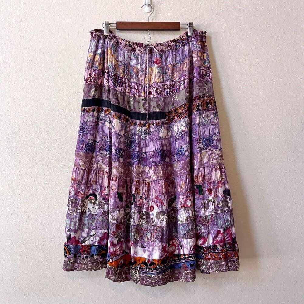 Vintage Patchwork Tiered Rayon Midi Skirt OS Boho India Fairy Grunge Whimsigoth